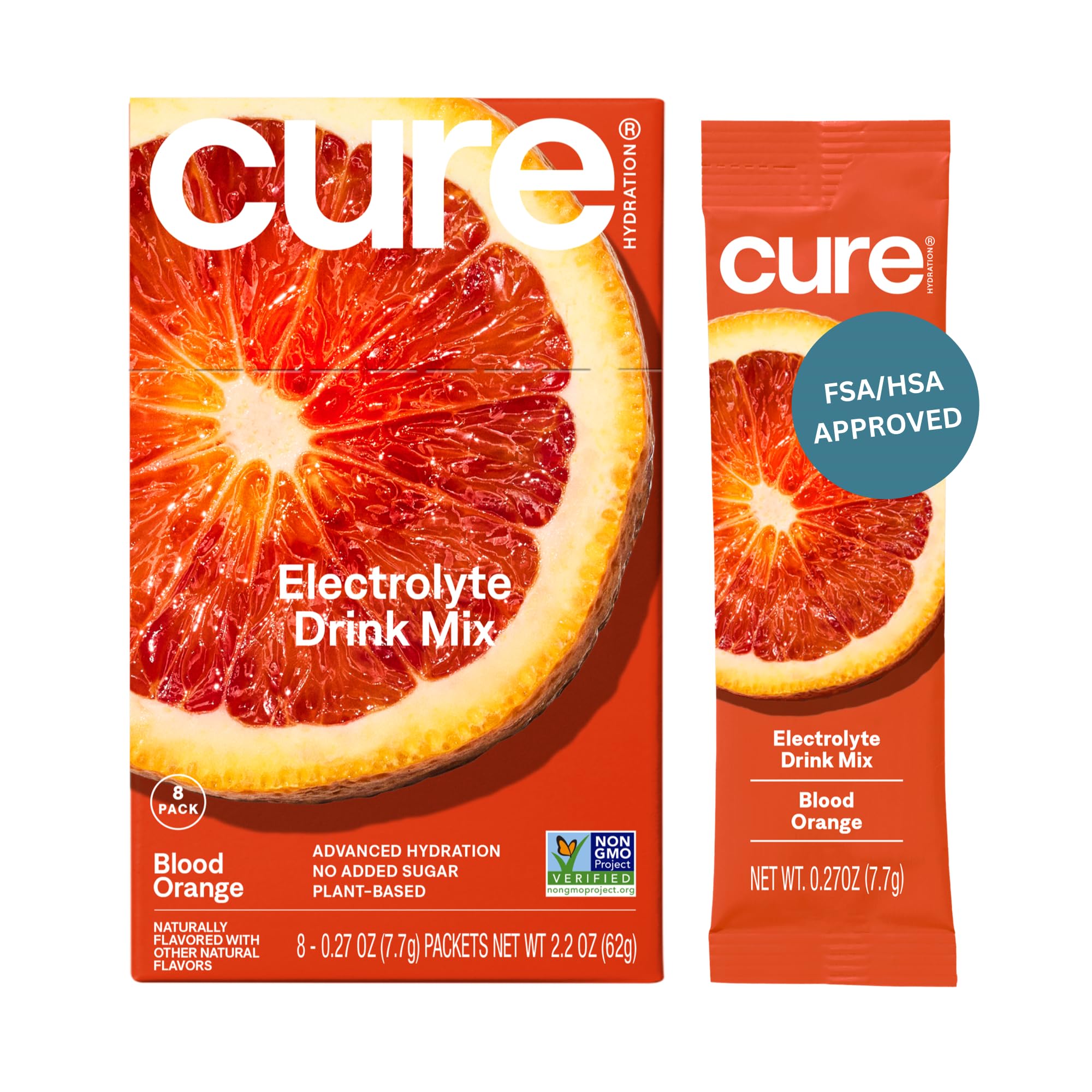 Cure Hydration sobres naranjas sanguinas para rehidratar con sabor natural.
