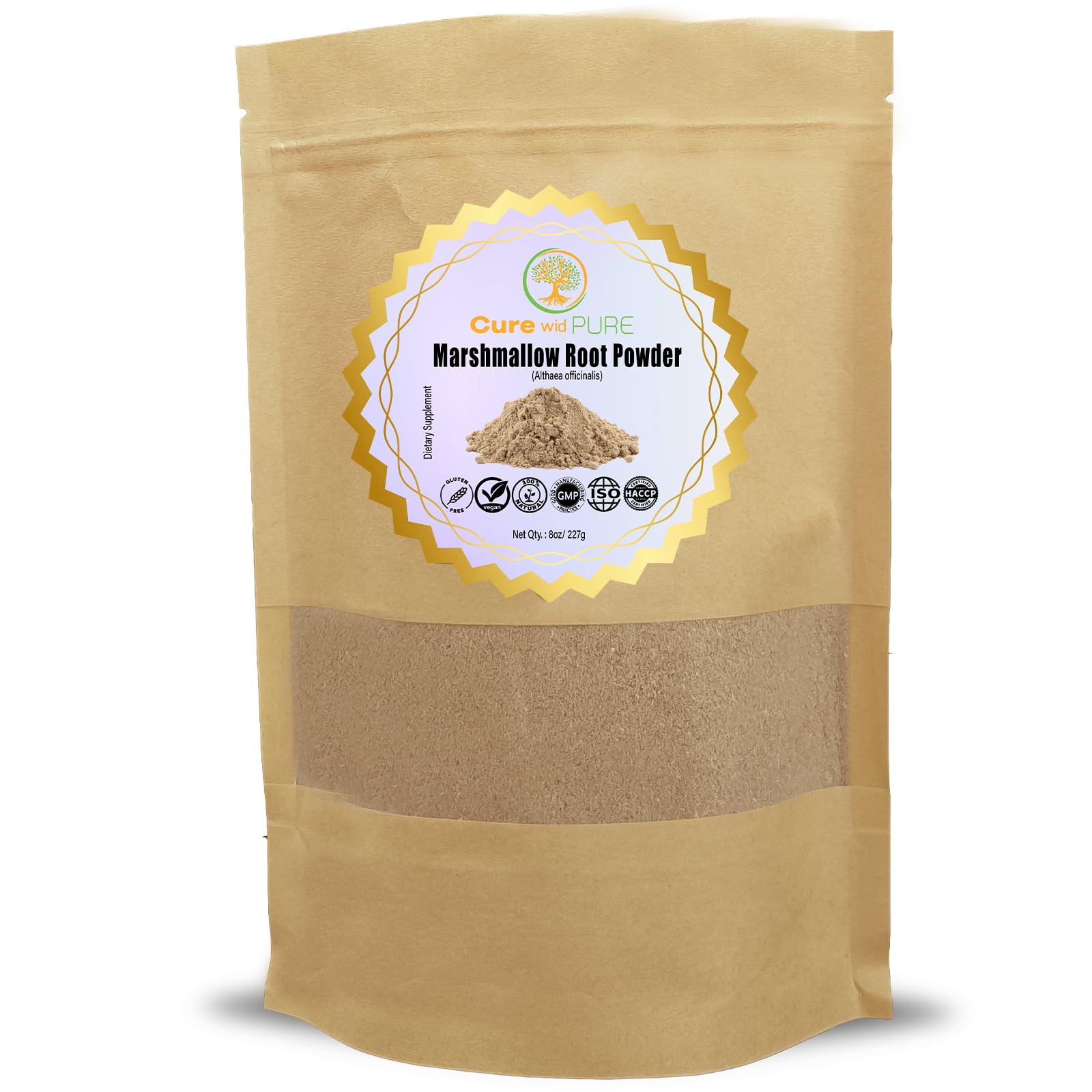 Cure Wid Pure polvo malvavisco envasado ecológico para tés relajantes y bebidas.