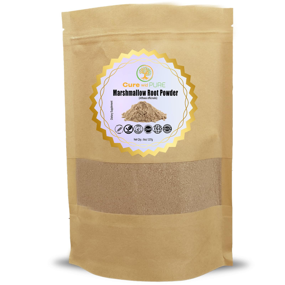 Cure Wid Pure polvo malvavisco envasado ecológico para tés relajantes y bebidas.