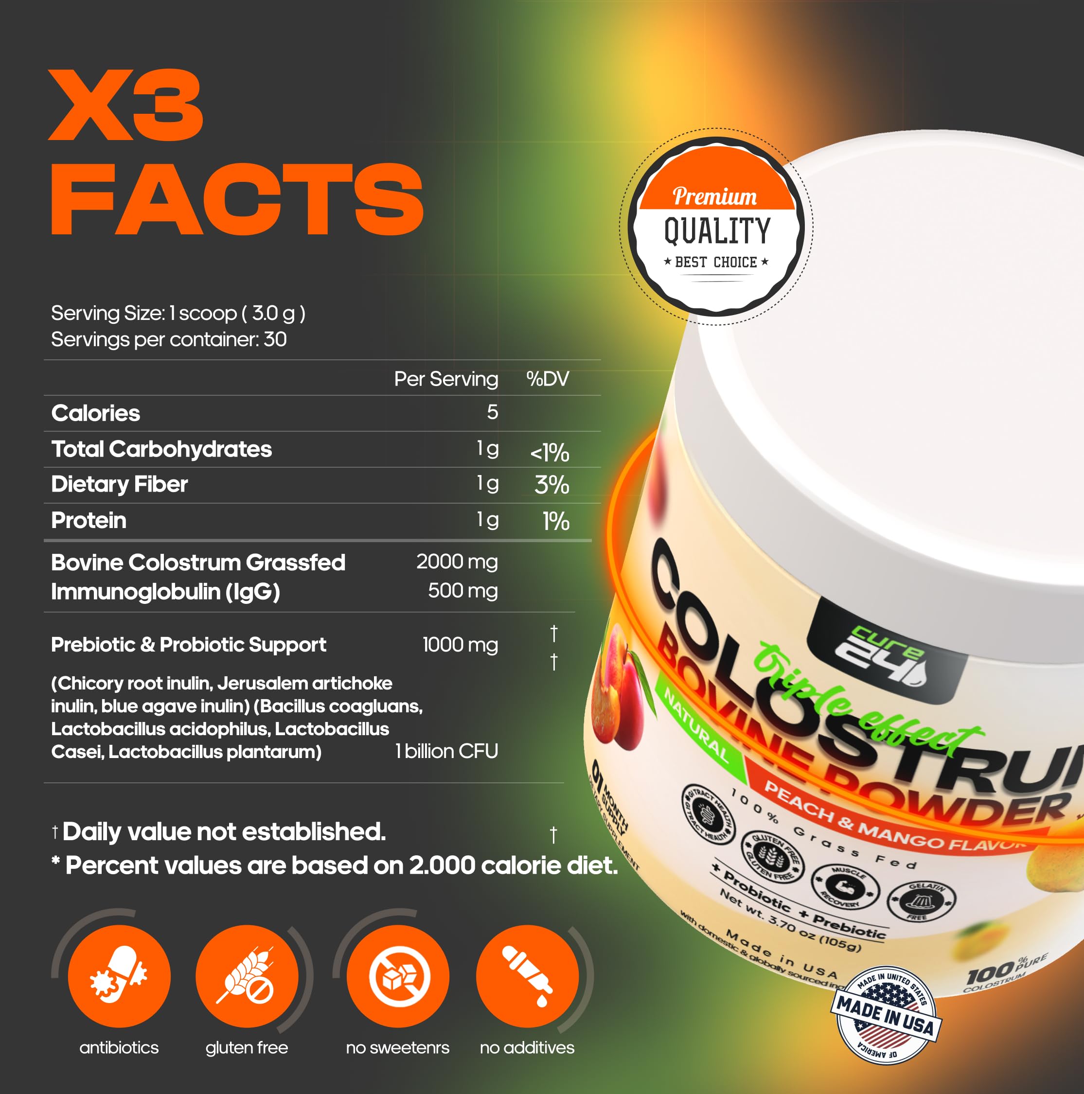 Cure24 Colostro Bovina X3, cucharada medida, fácil de mezclar en batidos.
