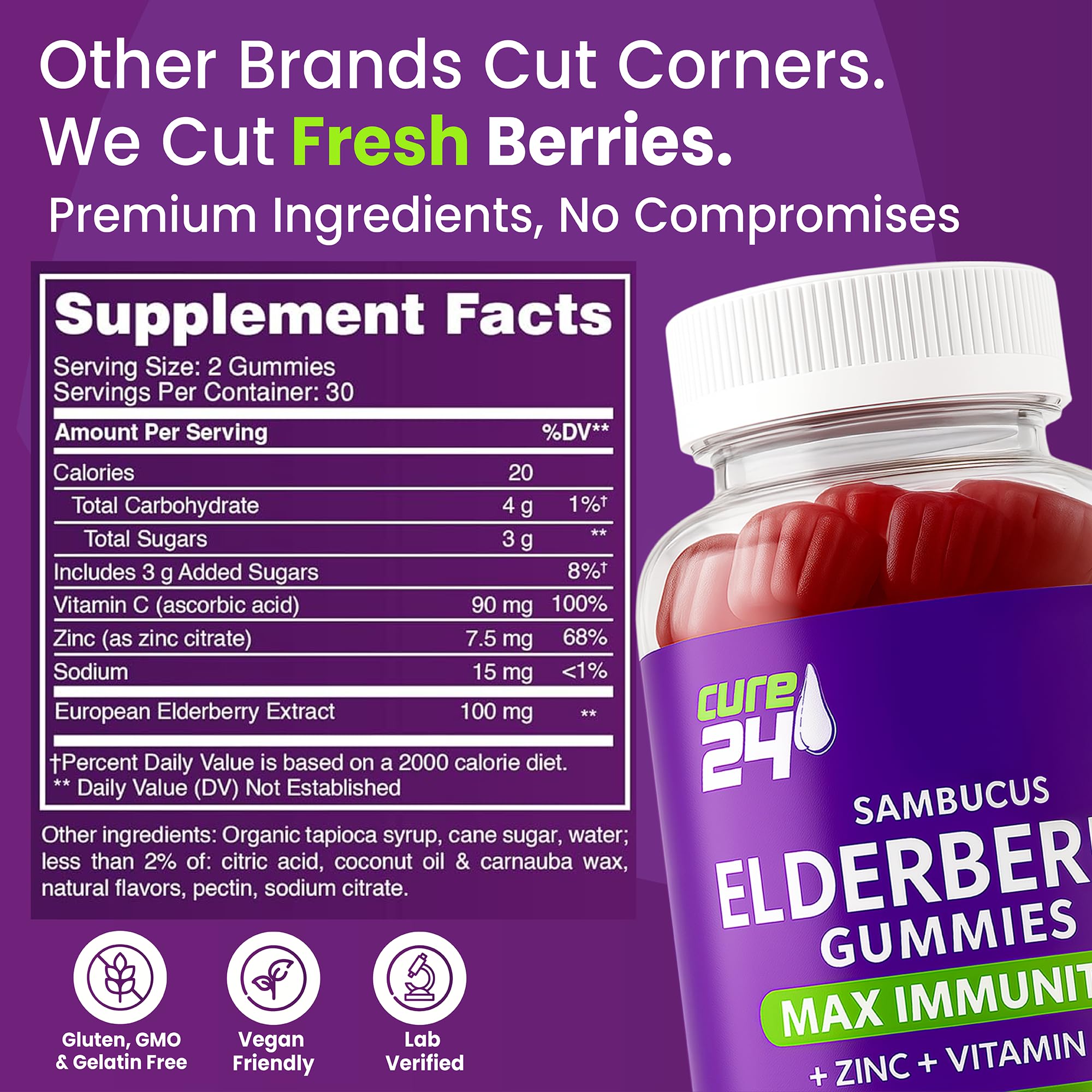 Cure24 gominolas de sauco: iconos de vitamina C y zinc que sugieren soporte diario