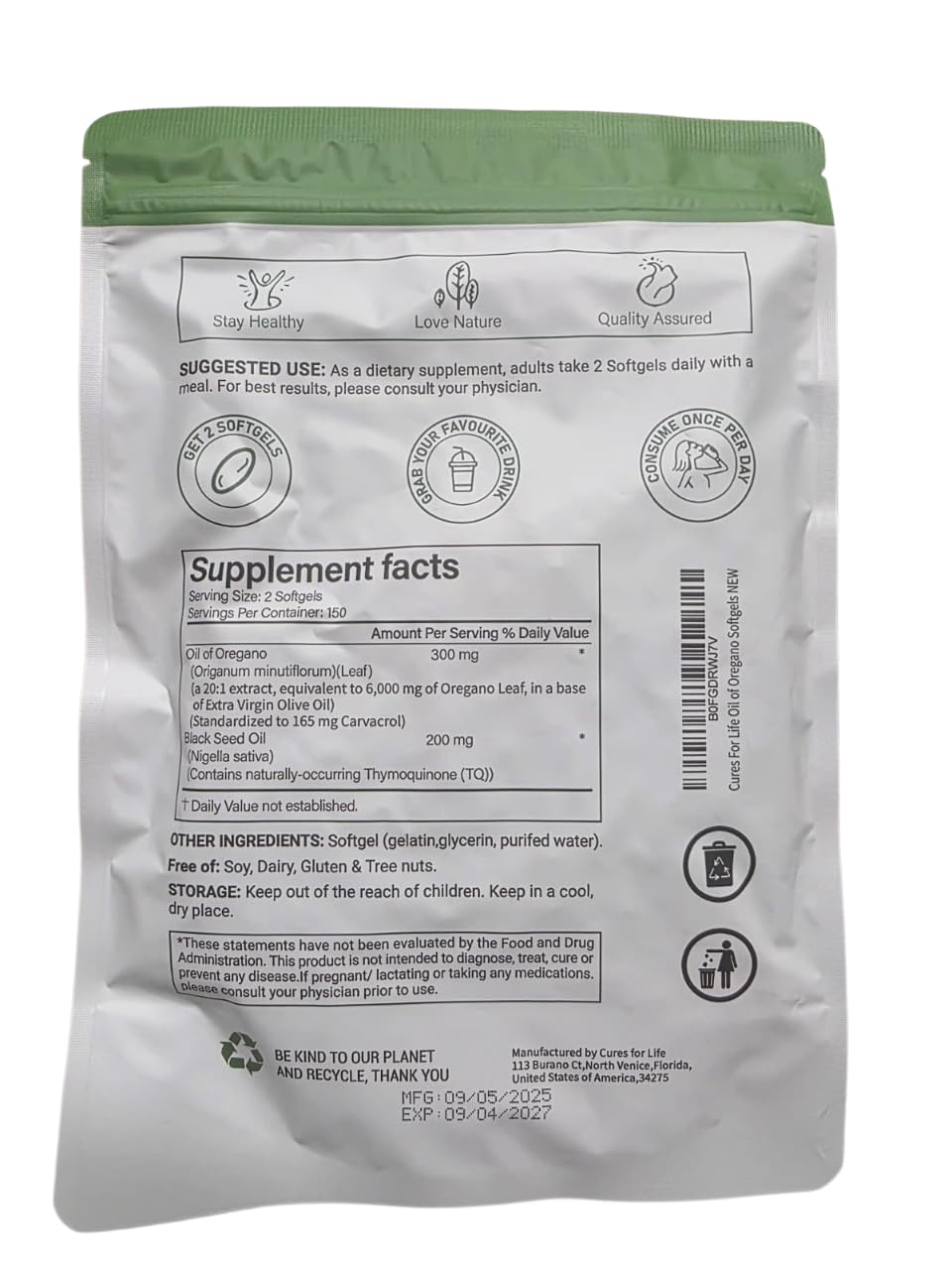 Cures For Life cápsulas de aceite de orégano junto a aceite de comino negro, para salud digestiva.