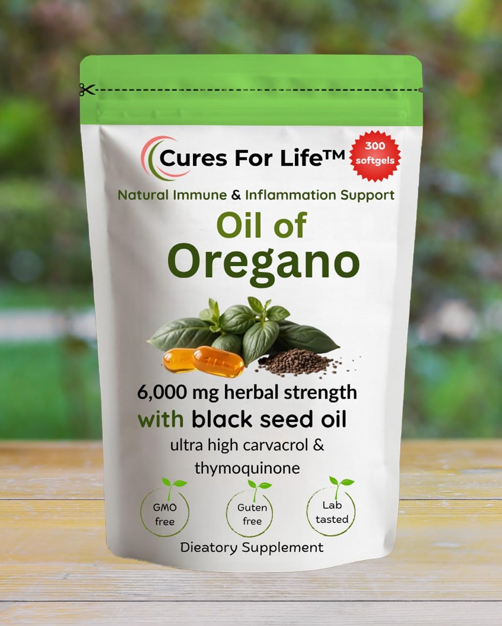 Cures For Life etiqueta del producto con carvacrol alto y apoyo a la salud diaria.