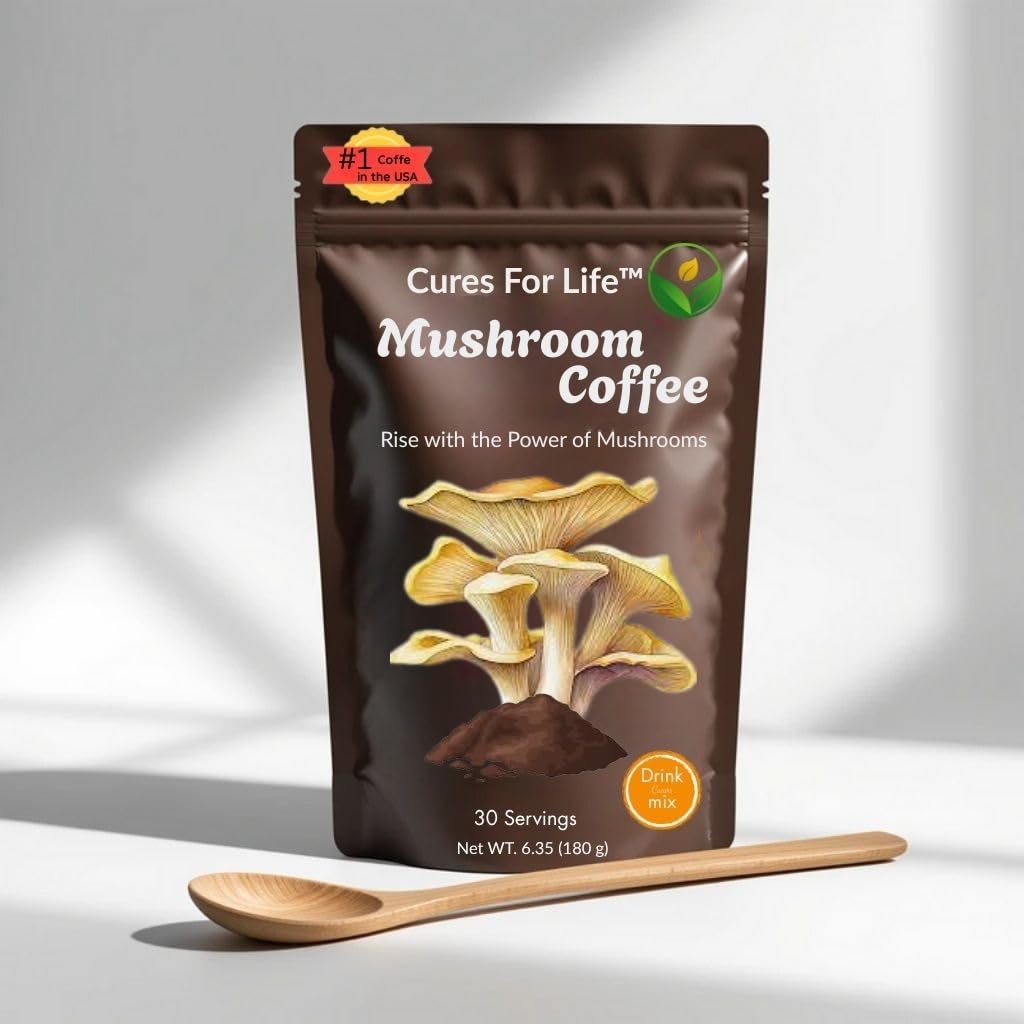 Cures For Life: taza de café con setas orgánico, energía suave para la mañana.
