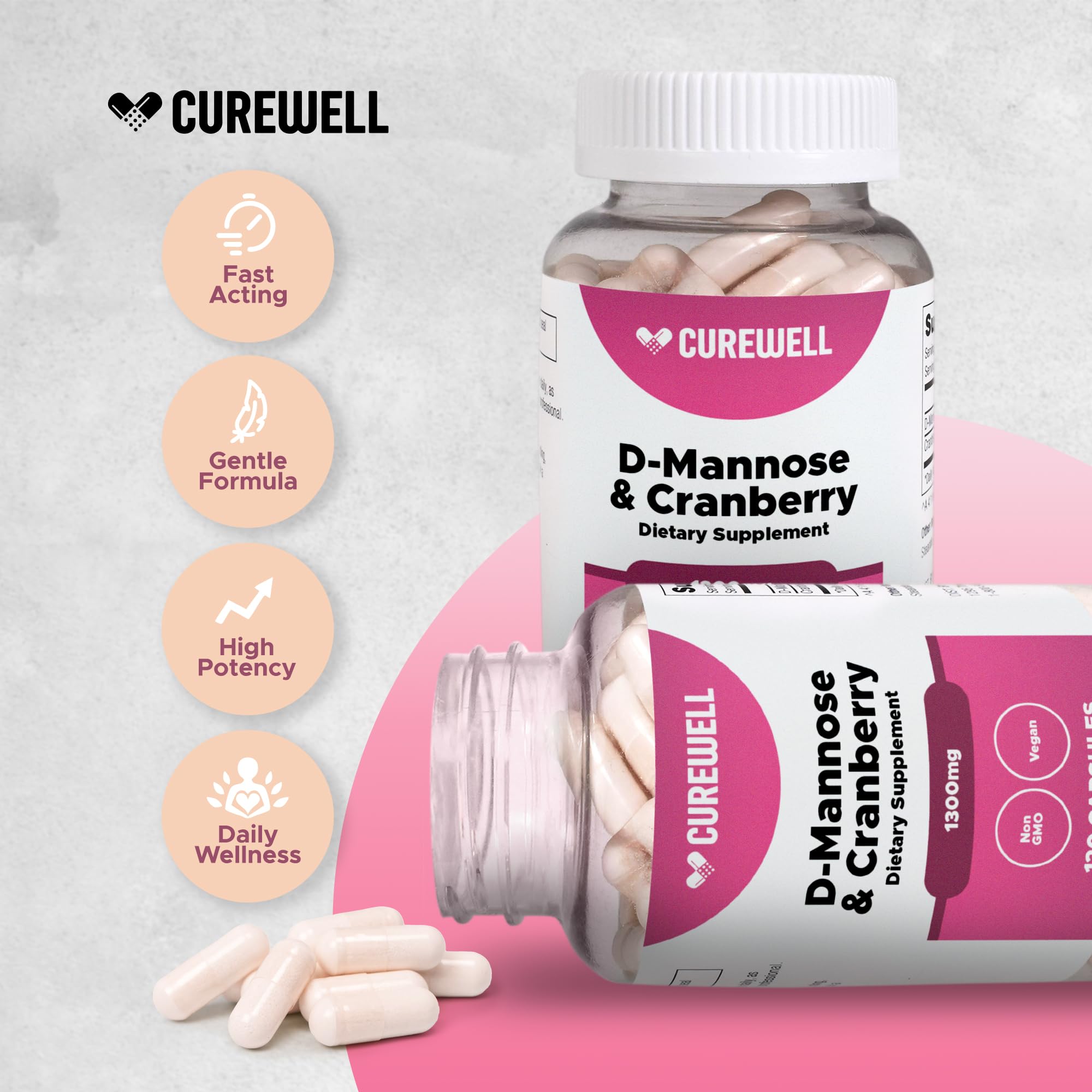 Etiqueta frontal de Curewell destacando la fórmula vegana y libre de OGM.