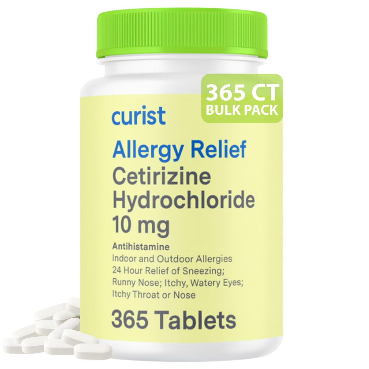 Curist Cetirizina 365 unidades en una botella, alivio diario para alergias.