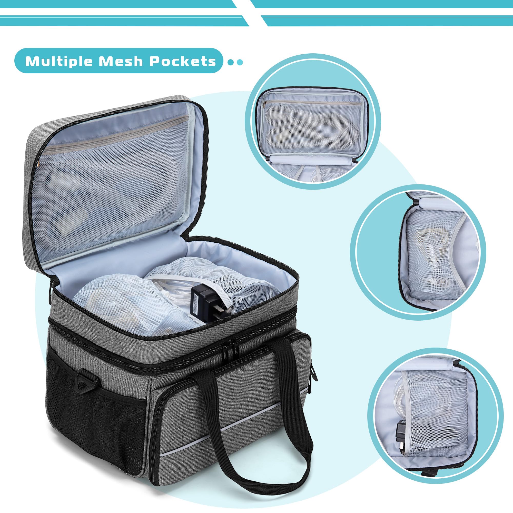 CURMIO Bolsa CPAP, bolsillos de malla para máscaras, mangueras y cables ordenados.