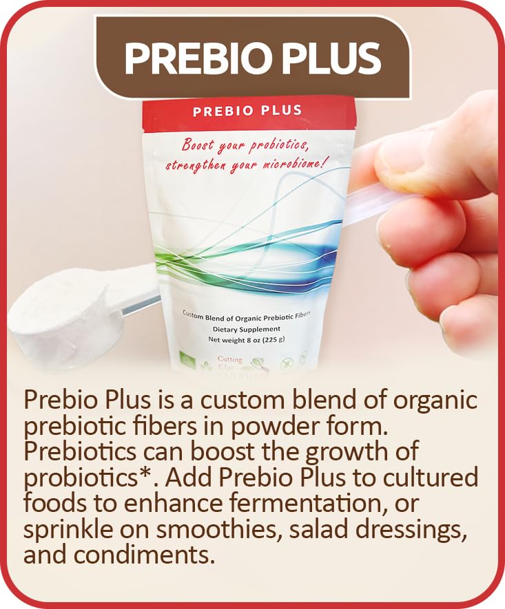 Prebio Plus: mezcla orgánica de inulina, acacia y FOS para bacterias beneficiosas.