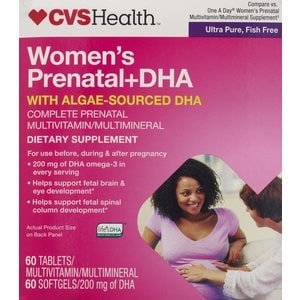 CVS DHA prenatal, envase de dos pasos con tabletas para embarazo, apoya desarrollo cerebral y ocular.