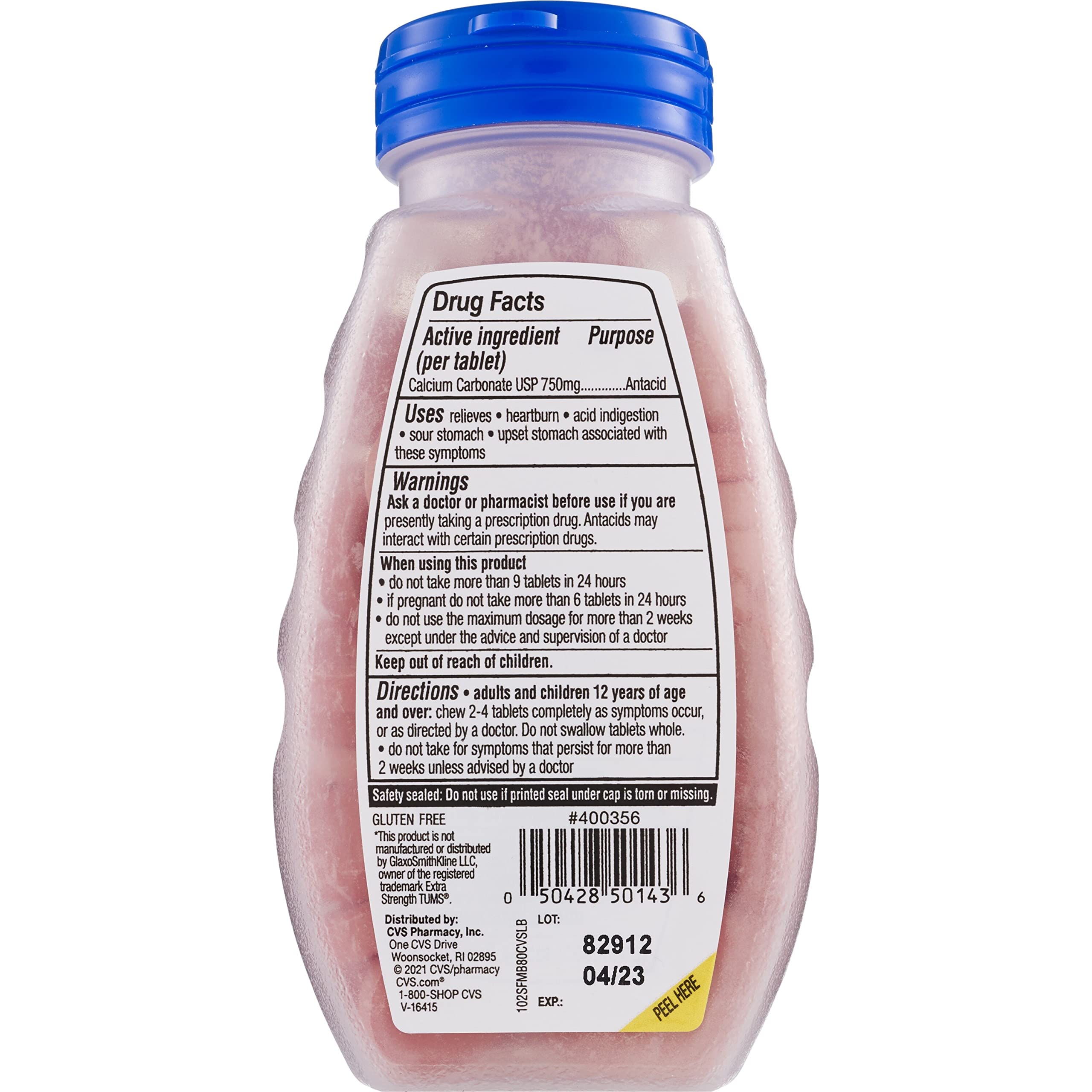 CVS Health antácido sin azúcar, paquete de 3 tabletas para uso diario tras comidas pesadas.