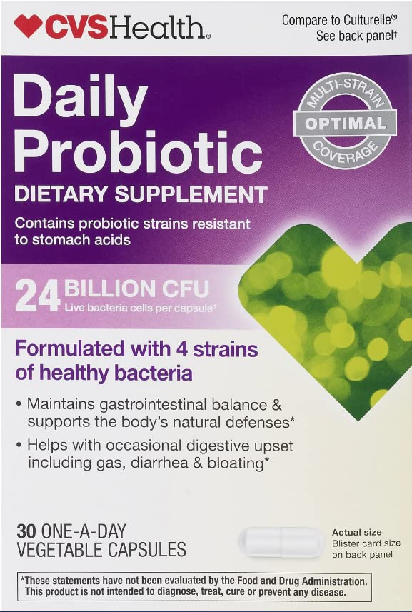 CVS Probiotico Máxima Potencia: botella con cápsulas para equilibrio intestinal.