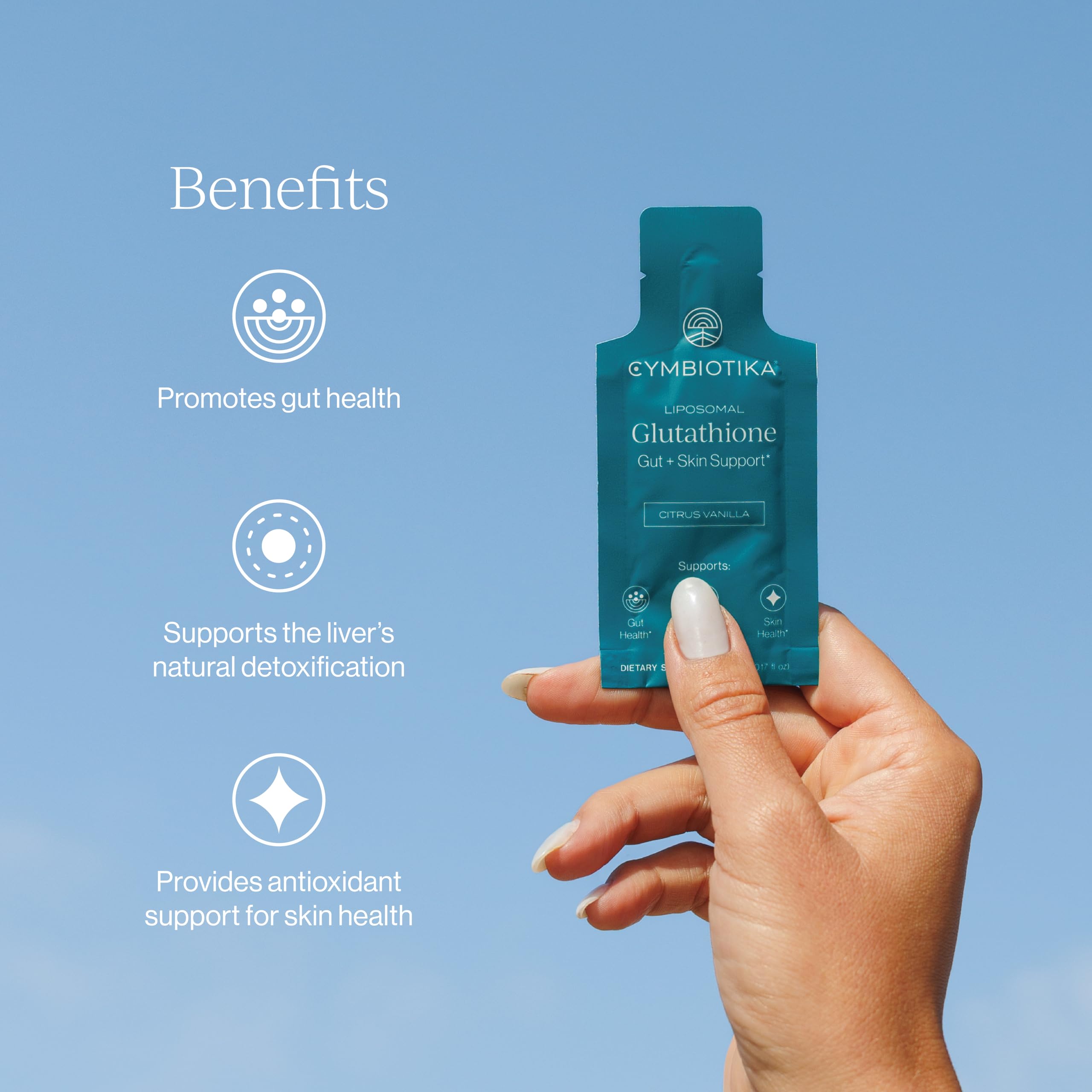 CYMBIOTIKA Glutatión Liposomal, etiqueta; información clara sobre ingredientes y beneficios.