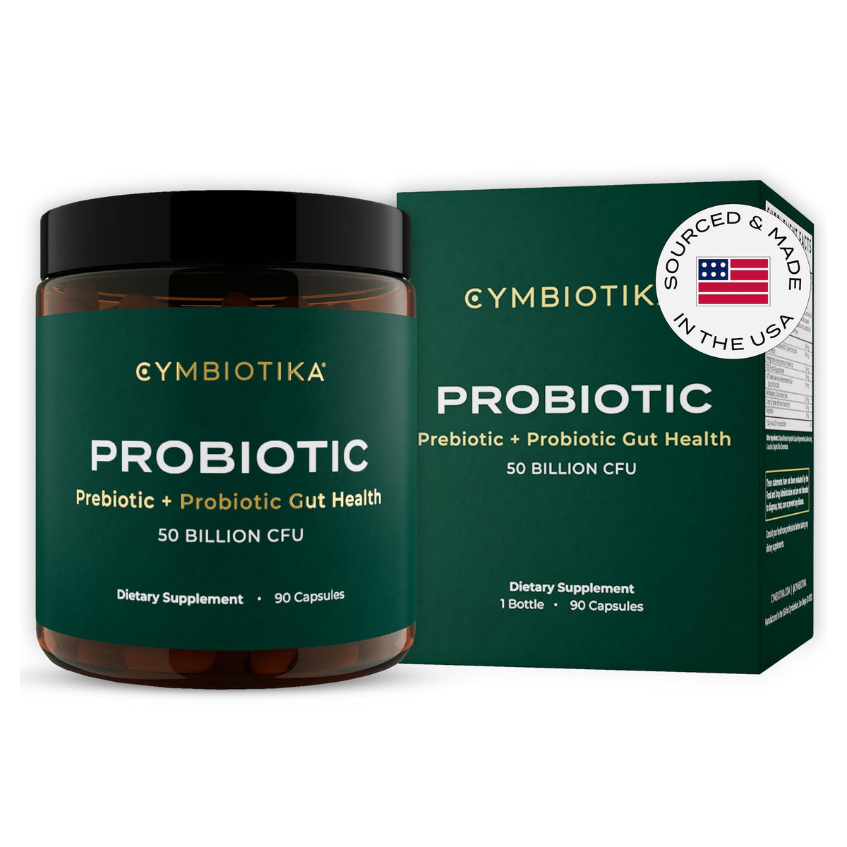 CYMBIOTIKA probiótico en frasco, posible equilibrio intestinal.