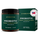 CYMBIOTIKA probiótico en frasco, posible equilibrio intestinal.