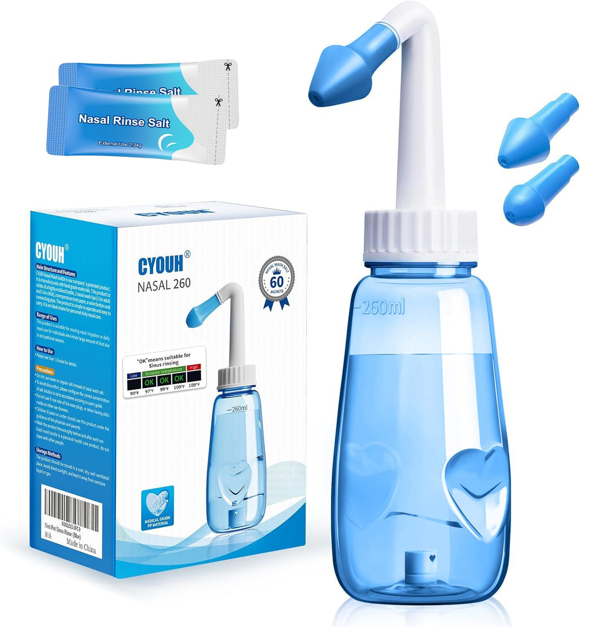 CYOUH Neti Pot botella 260ml, flujo suave para limpieza nasal diaria.