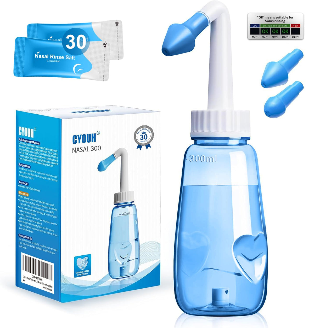 CYOUH Neti Pot, botella 300 ml, facilita la limpieza nasal diaria.
