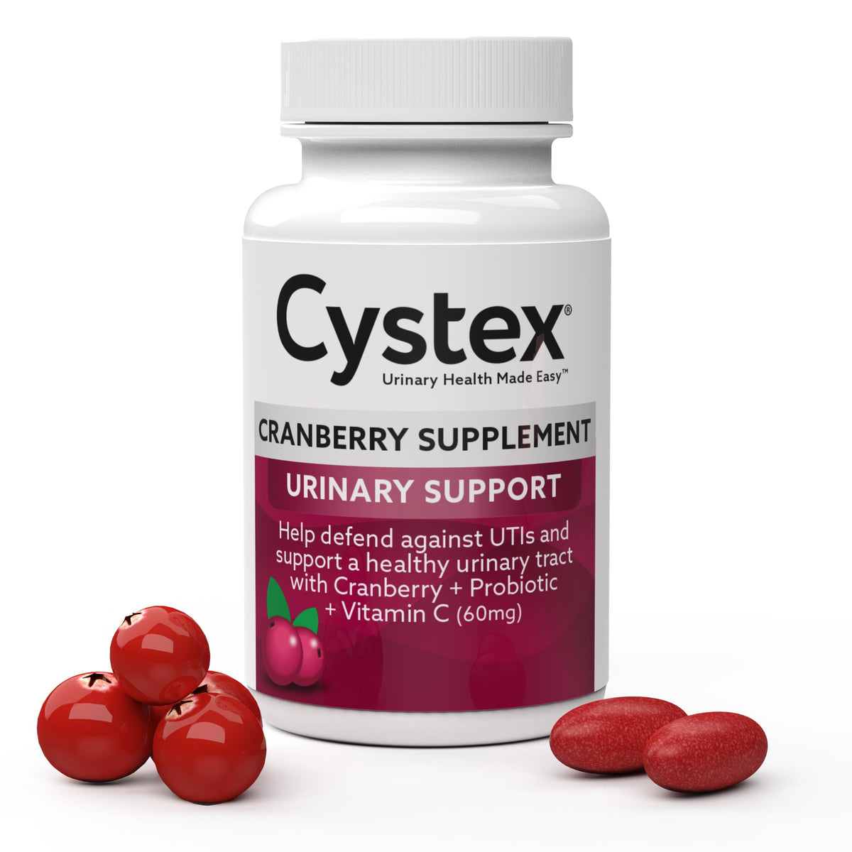 Cystex: botella de cápsulas para apoyo urinario diario.
