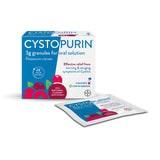 Cystopurin envase con sobres, fácil de llevar para uso diario.