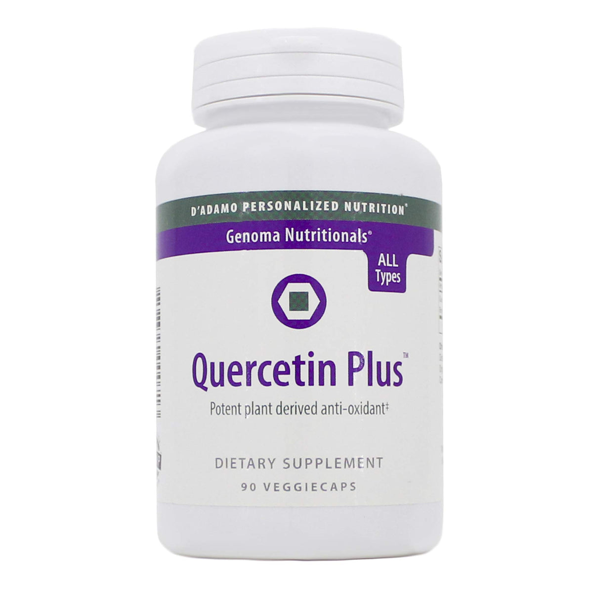 Quercetina Plus de D'Adamo, botella con cápsulas y vertido para apoyo antioxidante diario