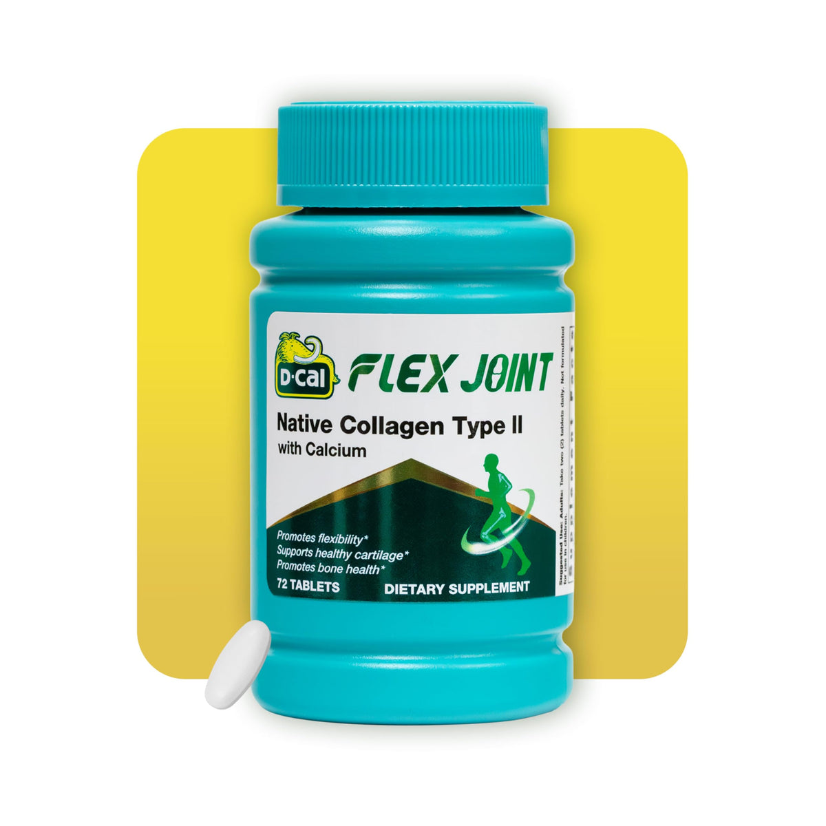 D-Cal Flex Joint, botella vista lateral, posible apoyo a la movilidad diaria.