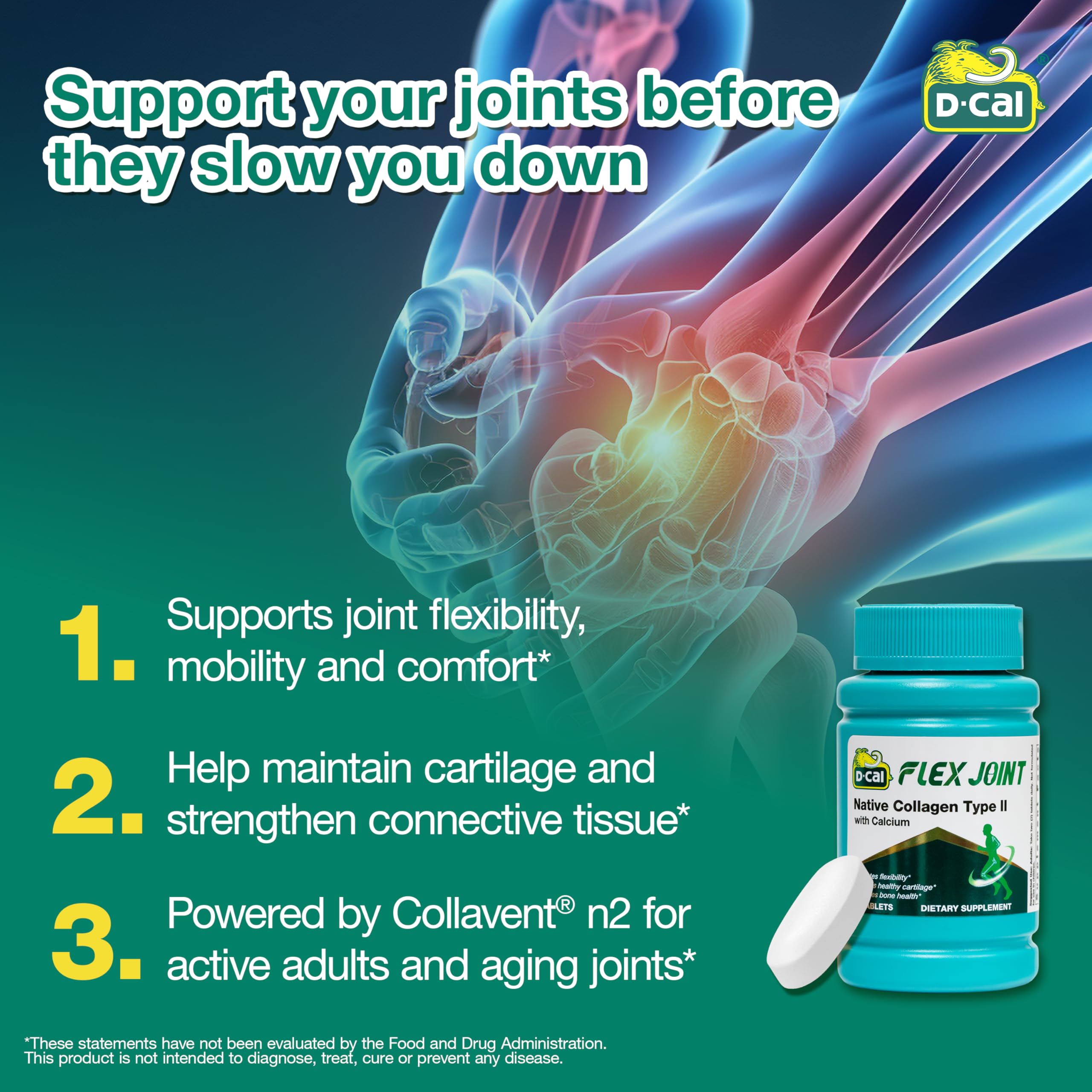 D-Cal Flex Joint, cápsulas en mano, fácil de incorporar a la rutina diaria.