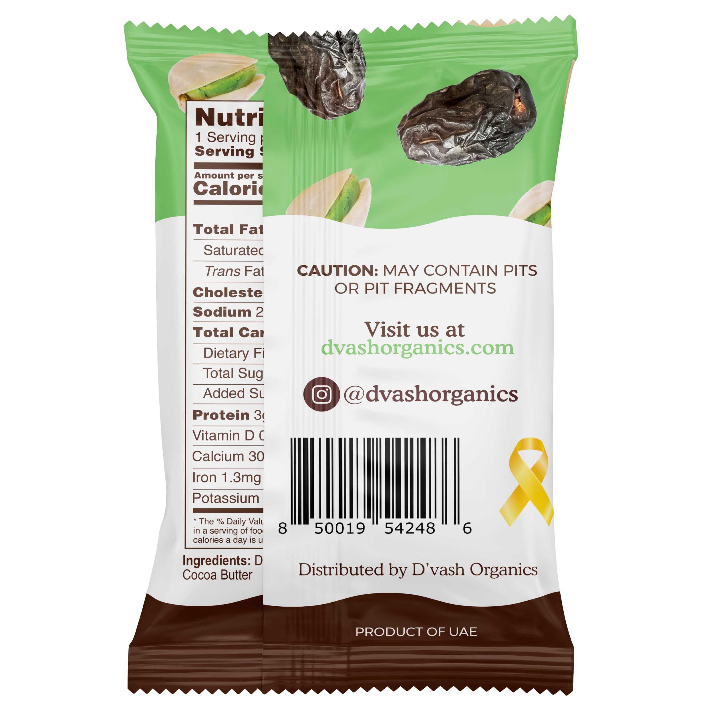 Barras D'Vash de fibra pistacho, tentempié nutritivo para llevar