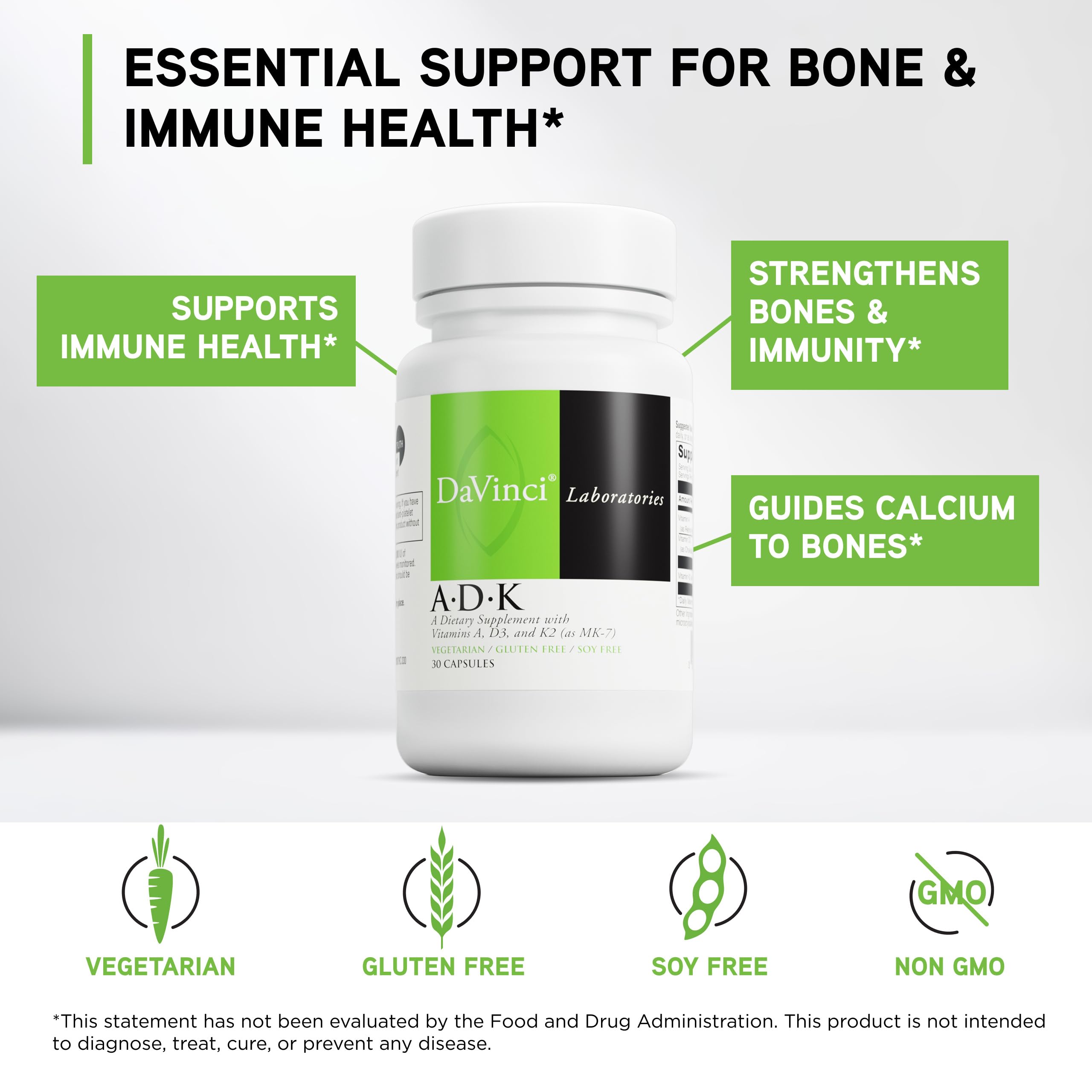 Etiqueta frontal de DaVinci ADK con vitaminas A, D3 y K2