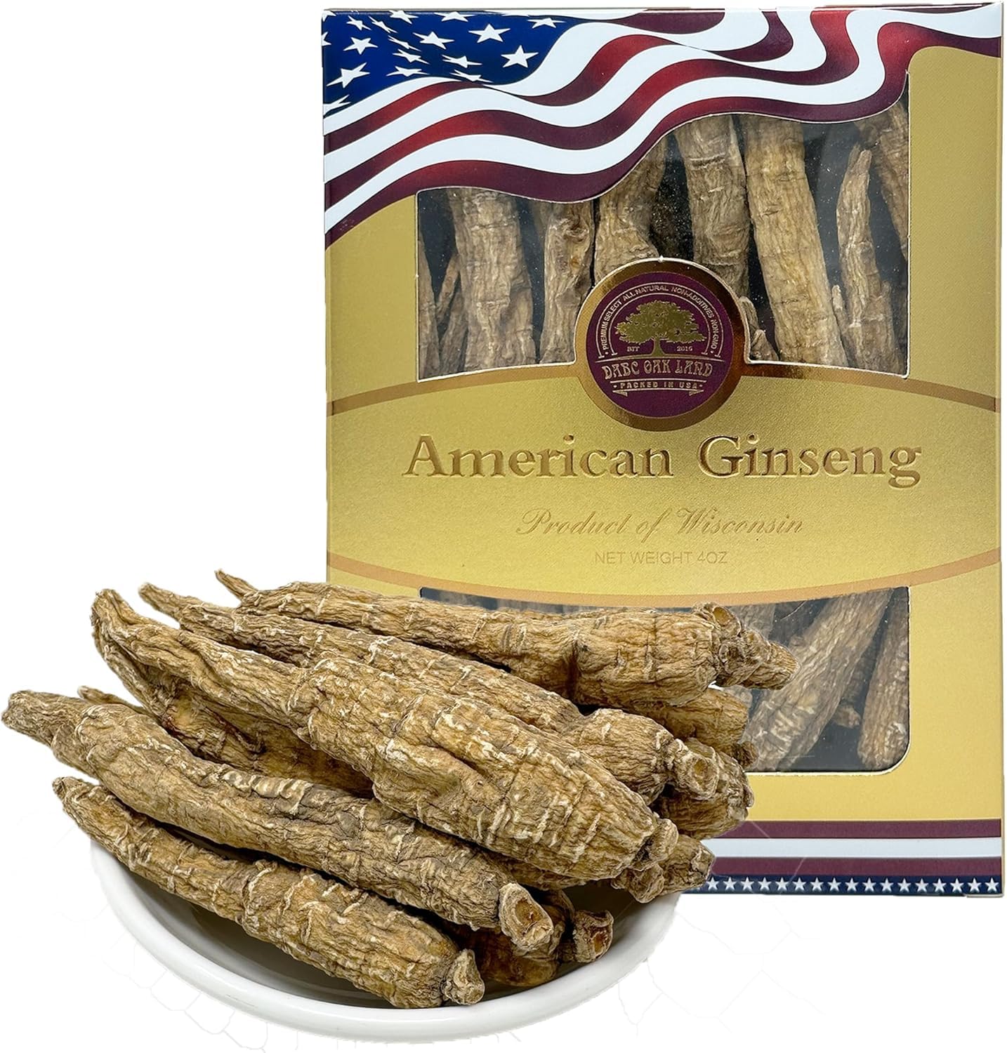 DABC OAK LAND rodajas de ginseng Wisconsin en caja para bebidas.