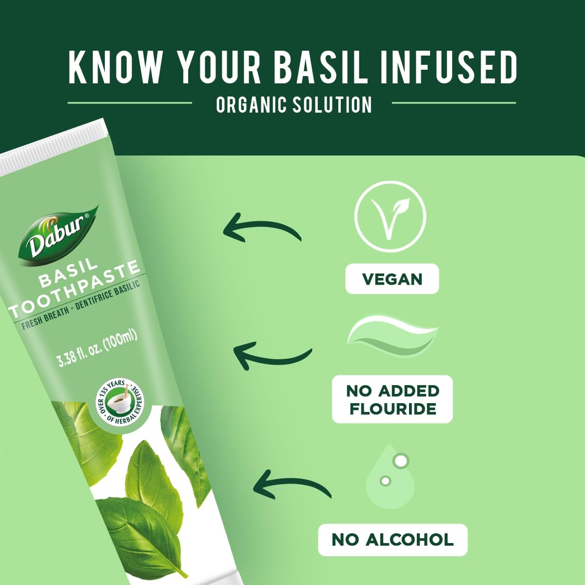 Cuidado natural de encías y dientes con albahaca Dabur.