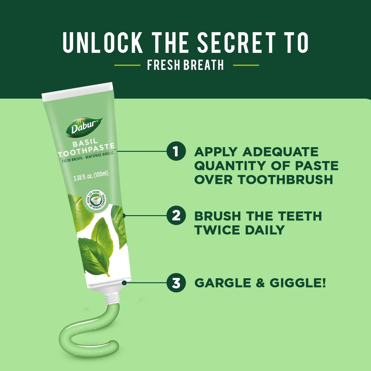 Rutina fresca y natural con Dabur albahaca, sin fluoruro.