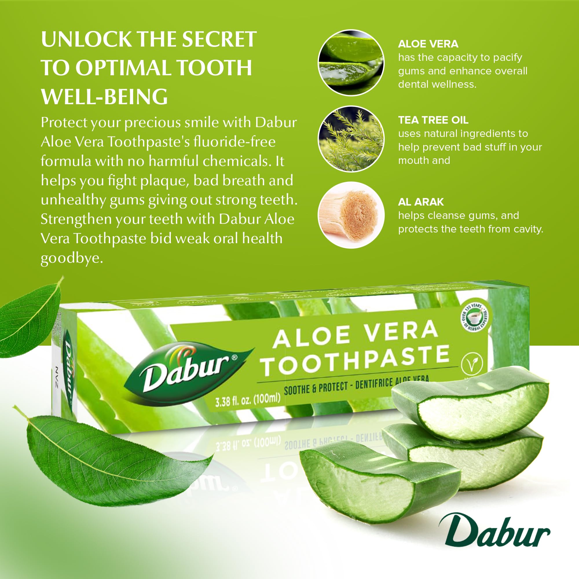 Dabur Aloe Vera Pasta Dental, cepillado diario con aroma suave y natural.