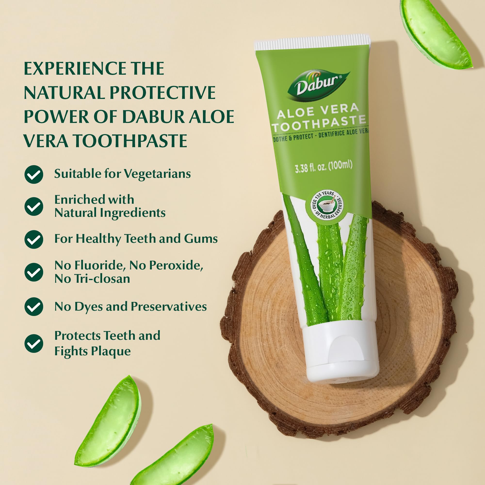 Dabur Aloe Vera Pasta Dental, ingredientes naturales como Aloe Vera y árbol de té.