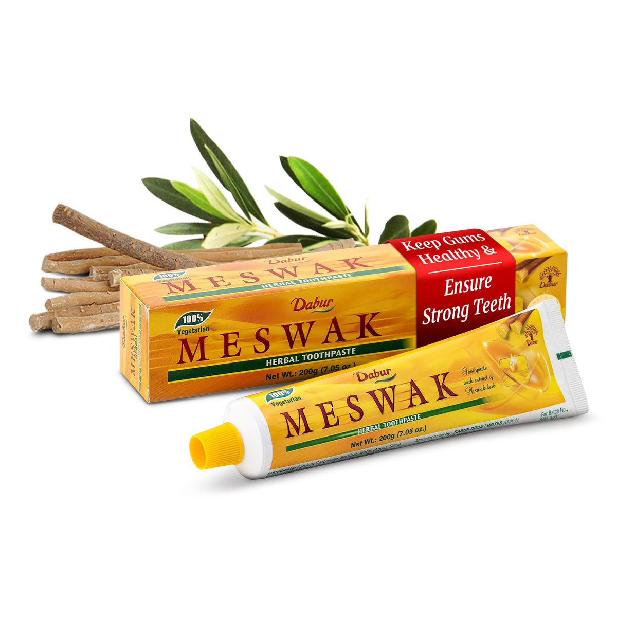 Pasta de dientes Dabur Meswak en tubo con textura suave y sabor fresco.