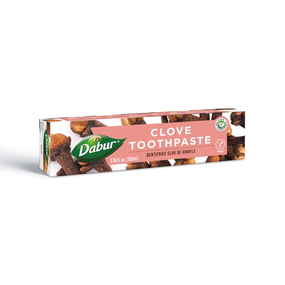 Dabur pasta dental de hierbas con clavo para limpieza suave y aliento fresco.