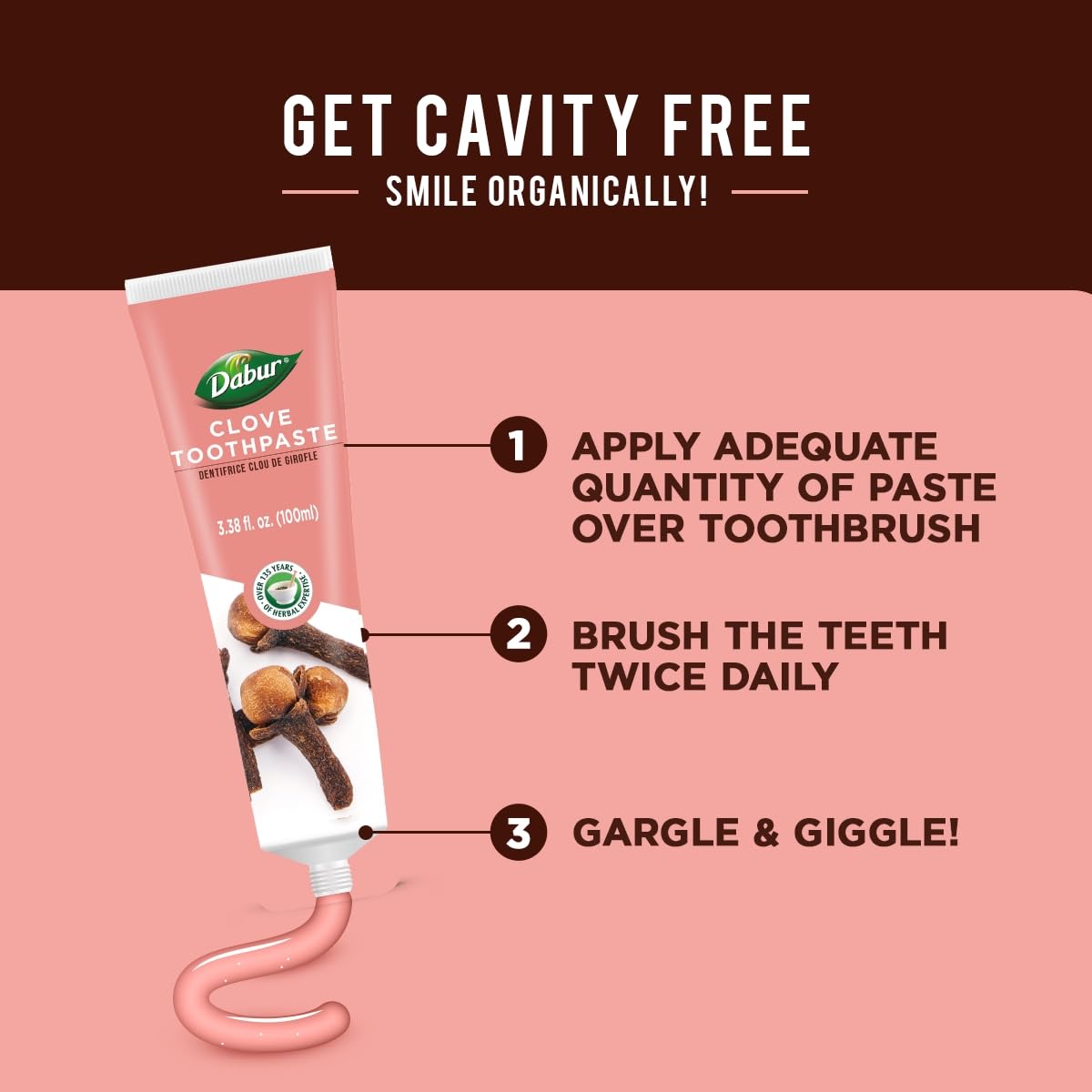 Dabur pasta dental de hierbas frente al tubo para uso diario.