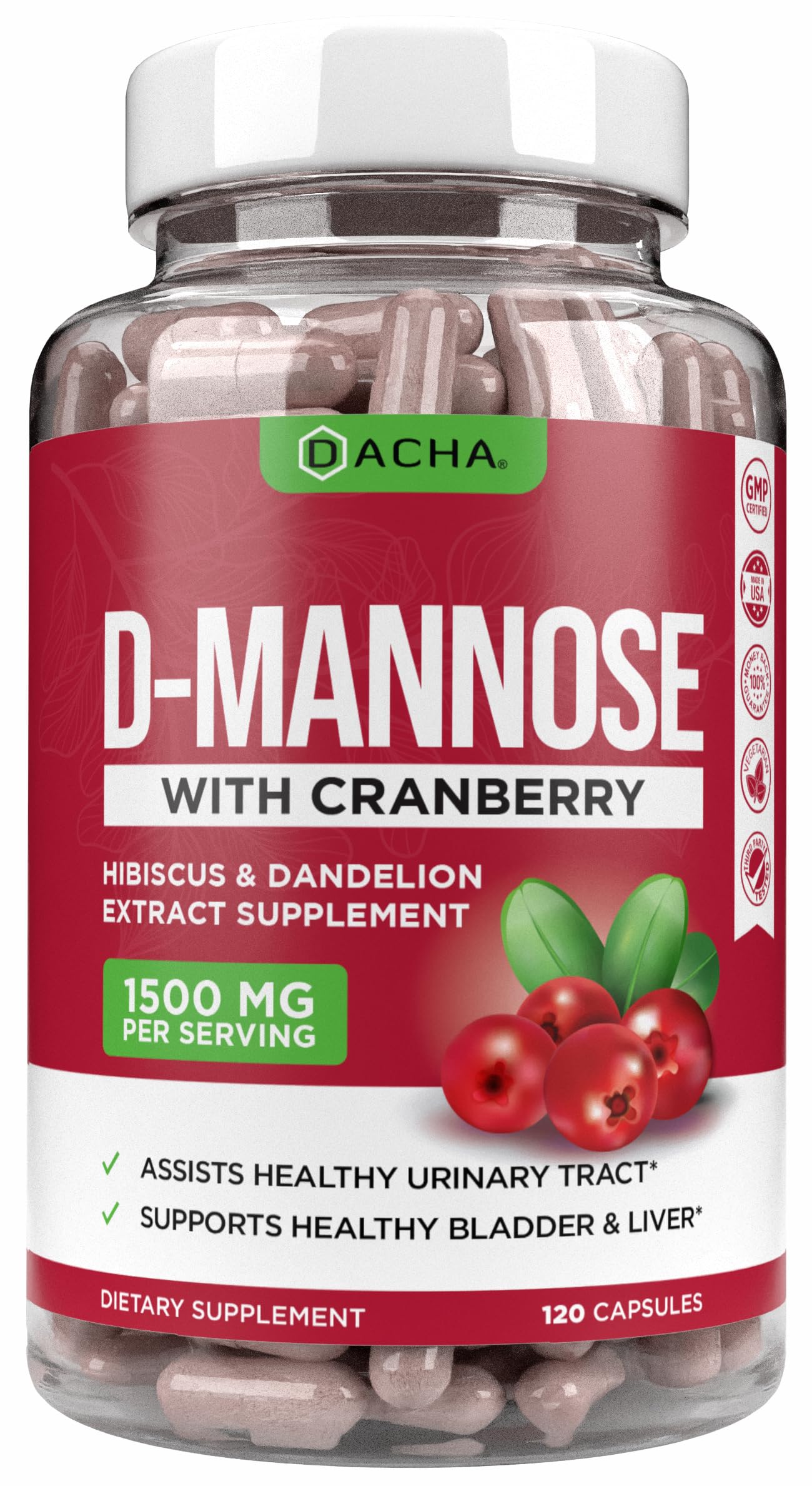 DACHA cápsulas D-Mannosa 4 en 1, botella fácil de tomar para bienestar urinario.