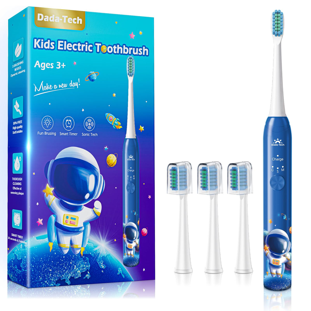 DADA-TECH cepillo eléctrico infantil astronauta azul, enfoque en la frente para un cepillado correcto.
