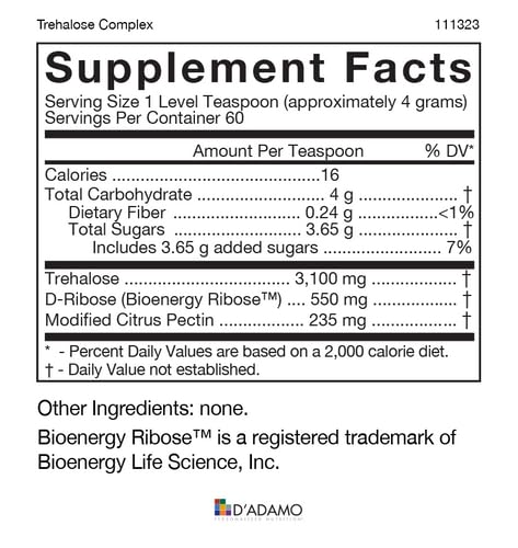 D'Adamo Genoma Nutritionals Trehalose Complex, etiqueta sin aditivos para una experiencia limpia.