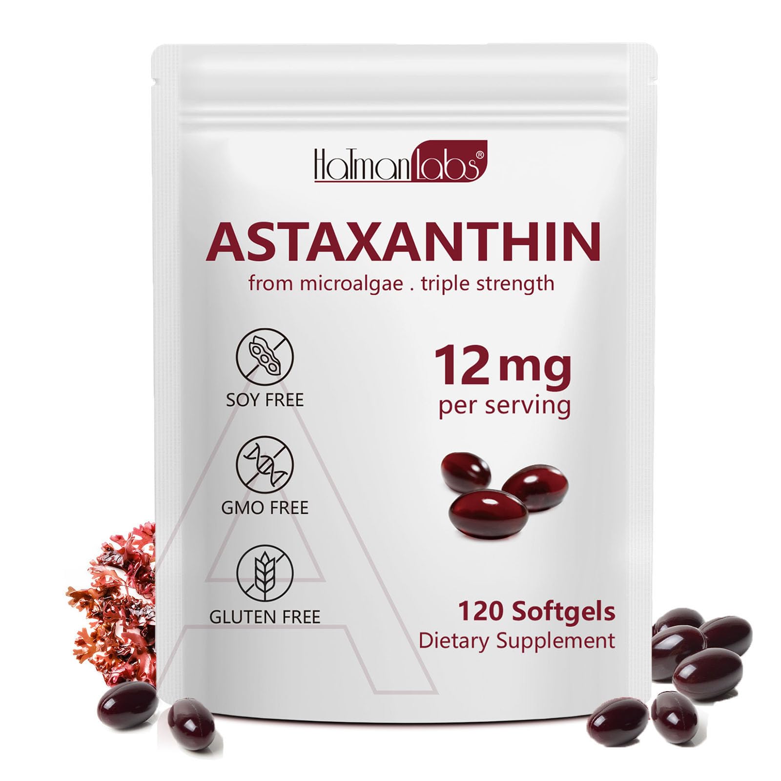 Daiasns Astaxantina 12 mg, botella vista frontal, dosis diaria conveniente para el cuidado general.
