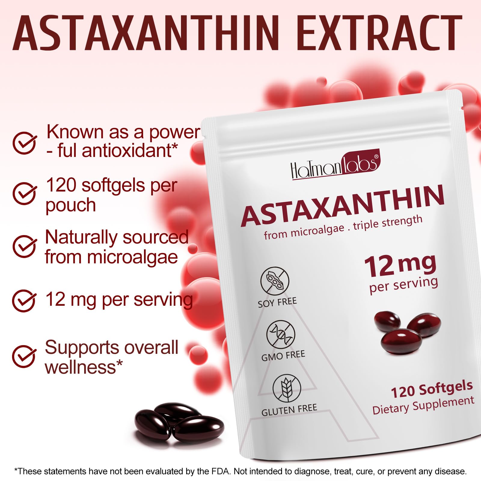 Daiasns Astaxantina, cápsulas cercanas, ingesta diaria fácil para antioxidante natural.