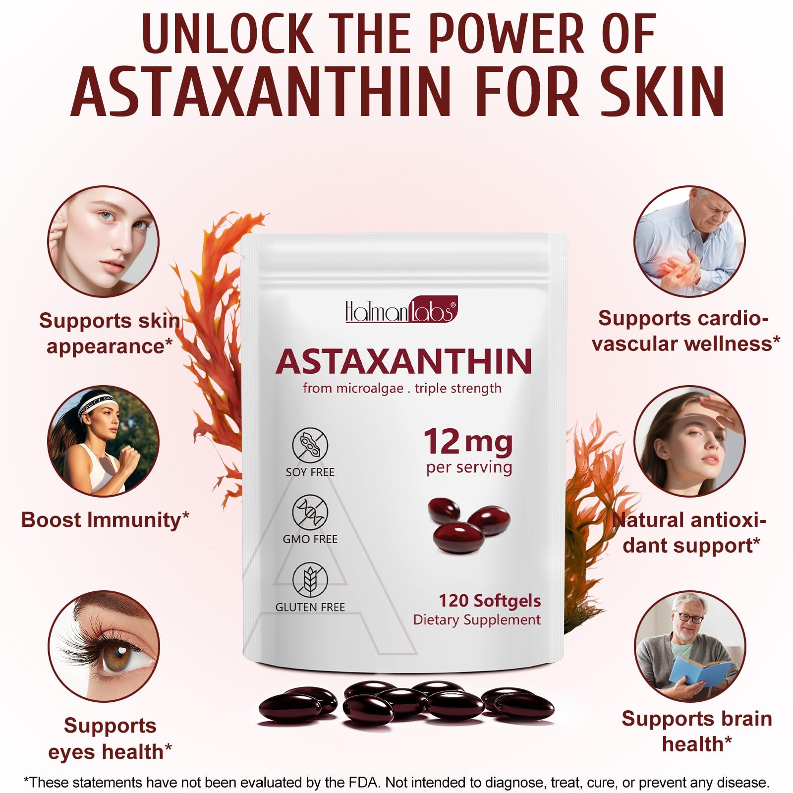 Etiqueta detallada de Daiasns Astaxantina, transparencia de fórmula natural.