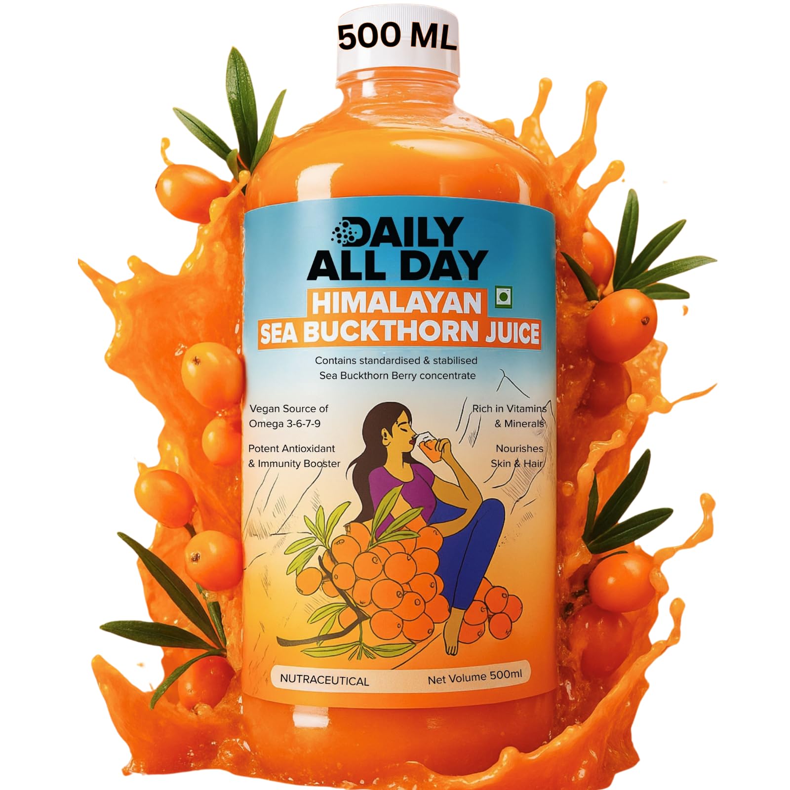 Daily All Day jugo de espino amarillo Himalaya verter en vaso para piel radiante