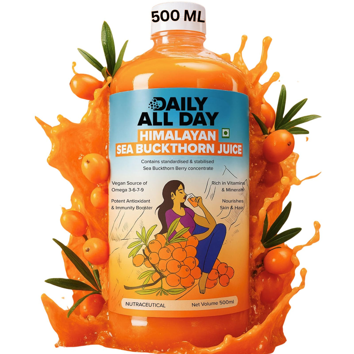 Daily All Day jugo de espino amarillo Himalaya verter en vaso para piel radiante