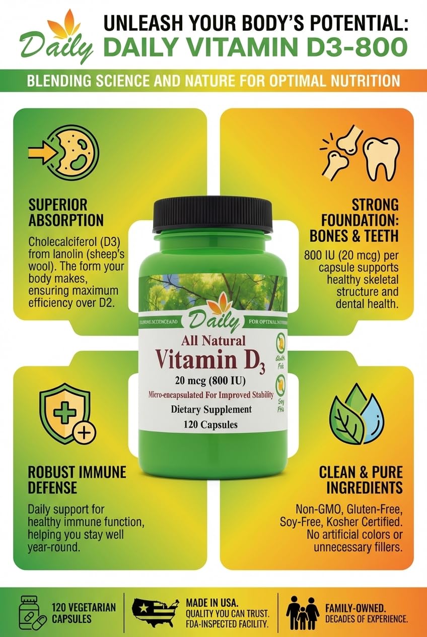 Daily Manufacturing Vitamin D3-800 UI, cápsulas vegetarianas para uso diario.
