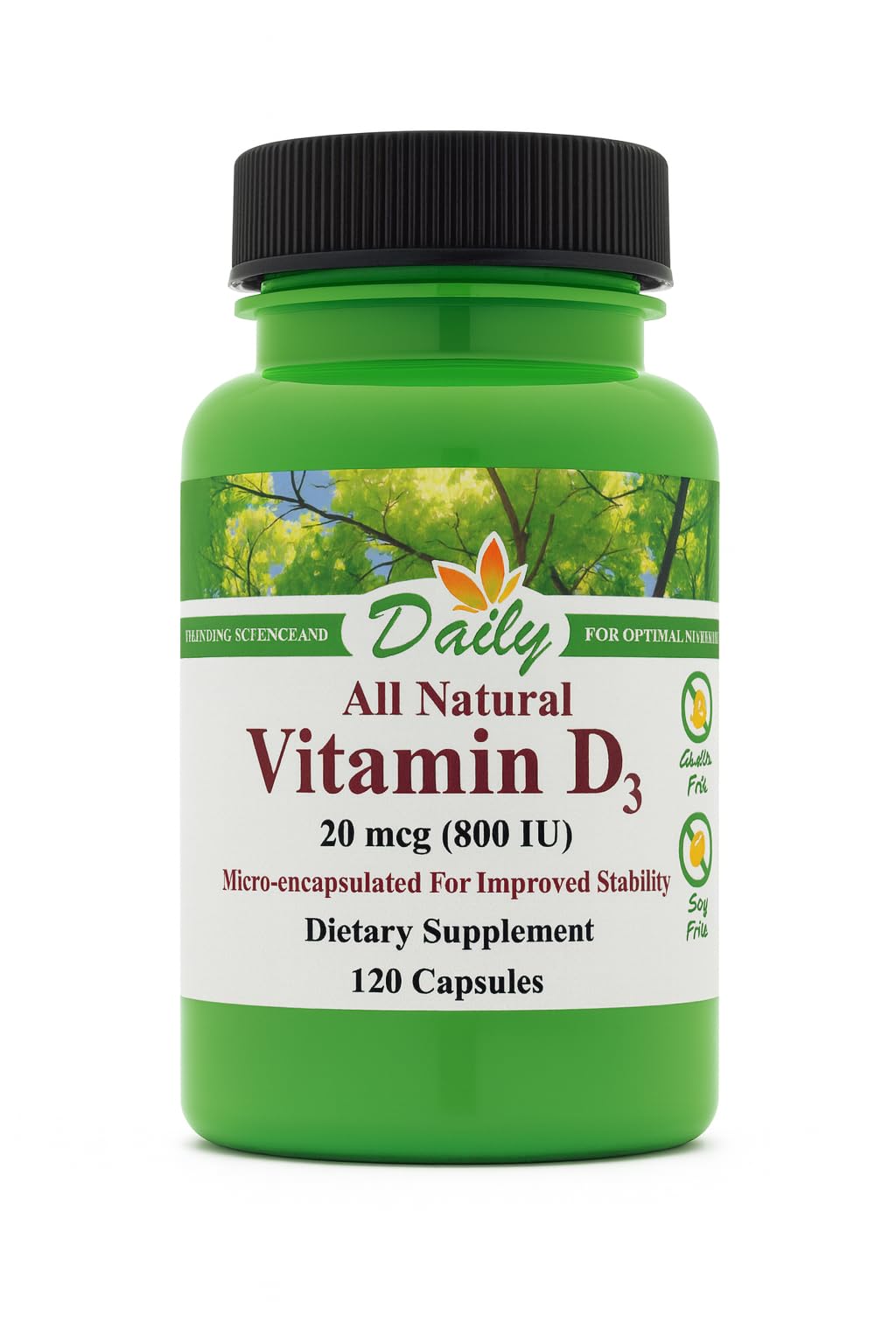 Daily Manufacturing Vitamin D3-800 UI, botella frontal para soporte óseo.