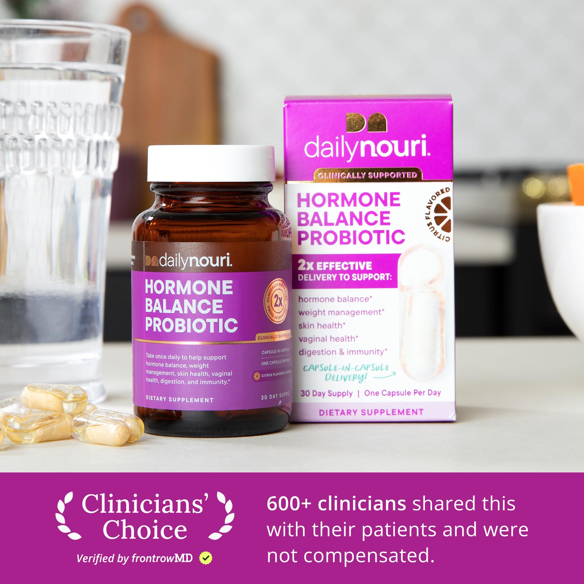 Daily Nouri Hormone Balance entrega doble cápsula para mejor absorción.
