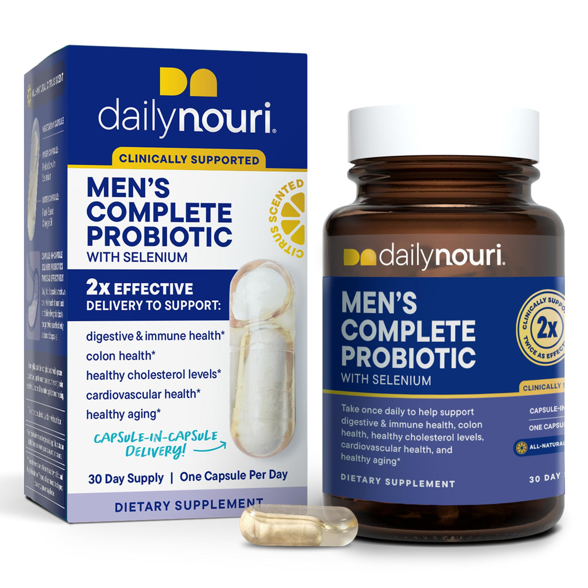 Daily Nouri Probióticos para Hombres: botella visible con posible apoyo digestivo diario.