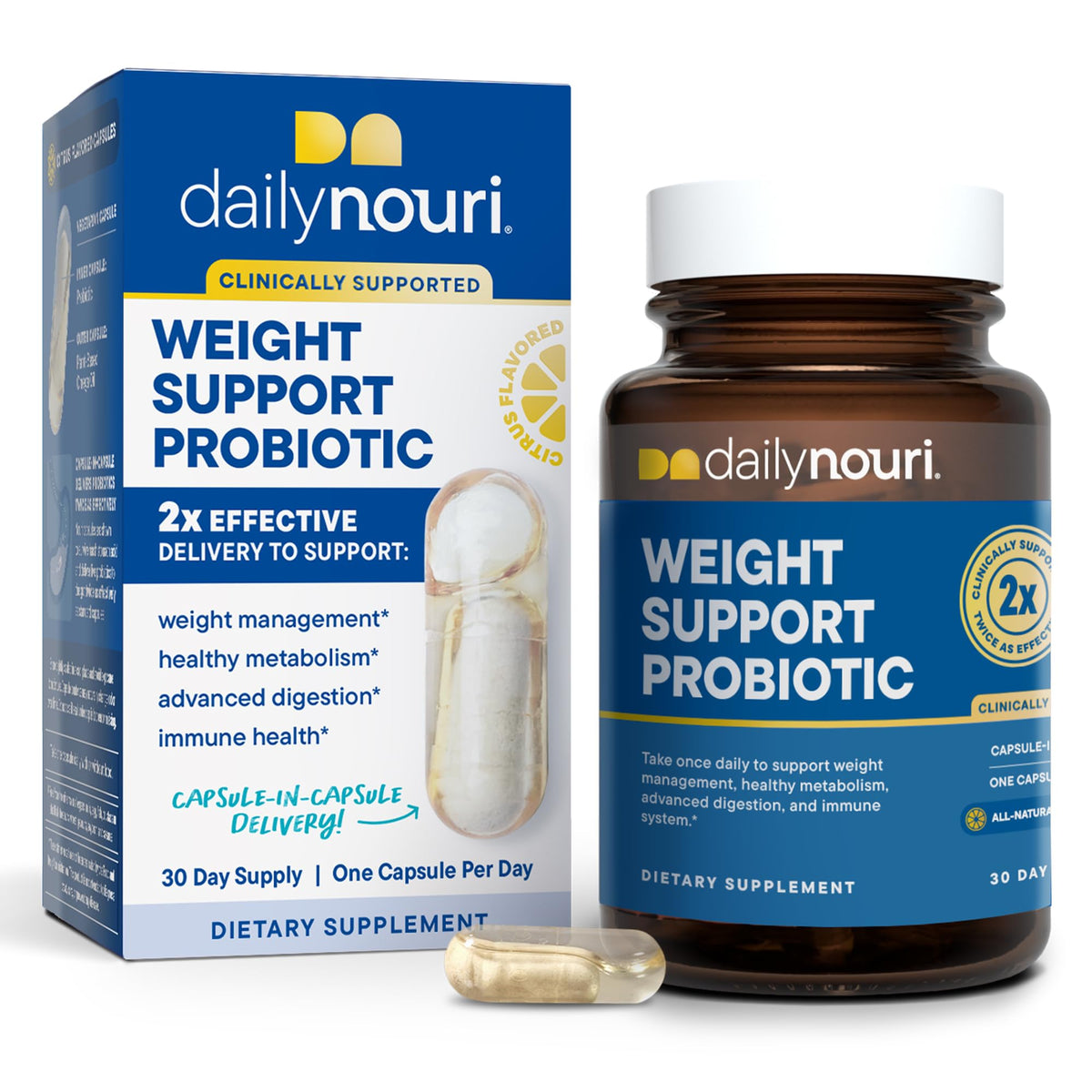 Daily Nouri Weight Support Probiotics, botella visible, apoya equilibrio digestivo y bienestar general.