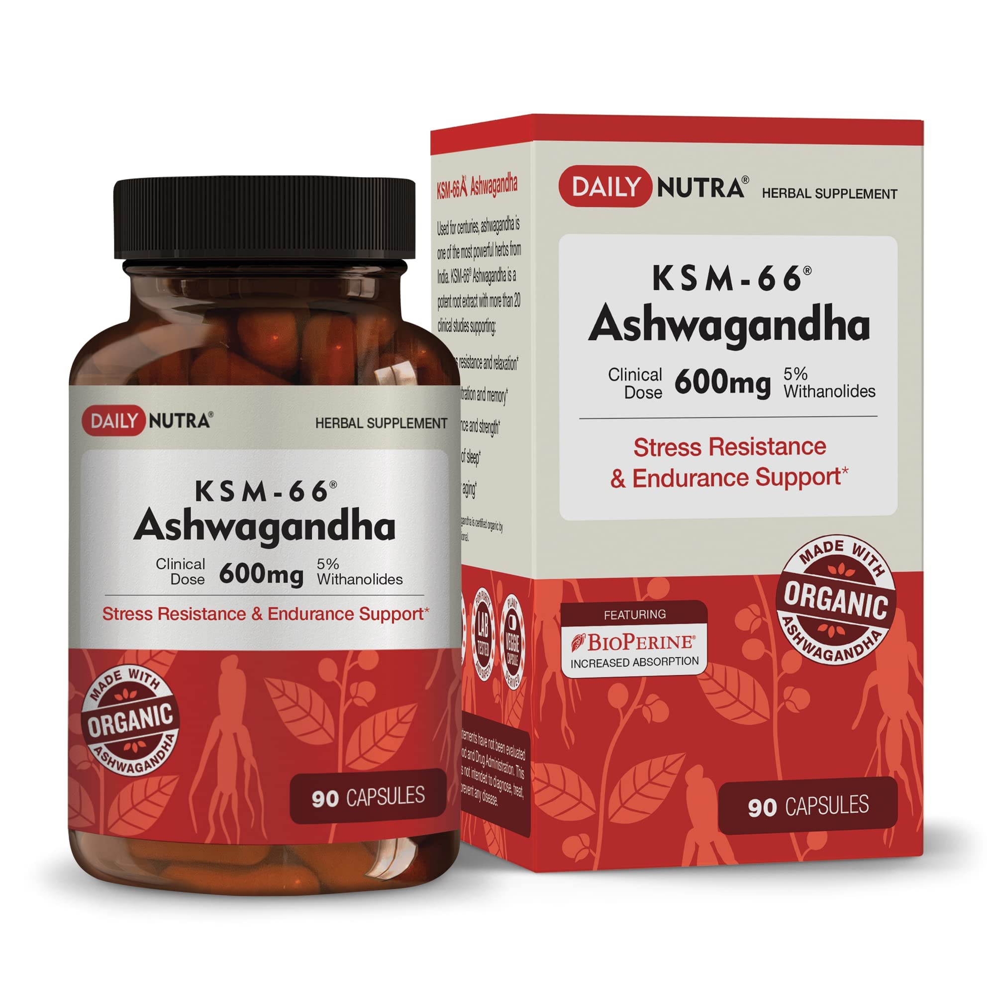 DailyNutra KSM-66 Ashwagandha, bote de cápsulas para relajación diaria.