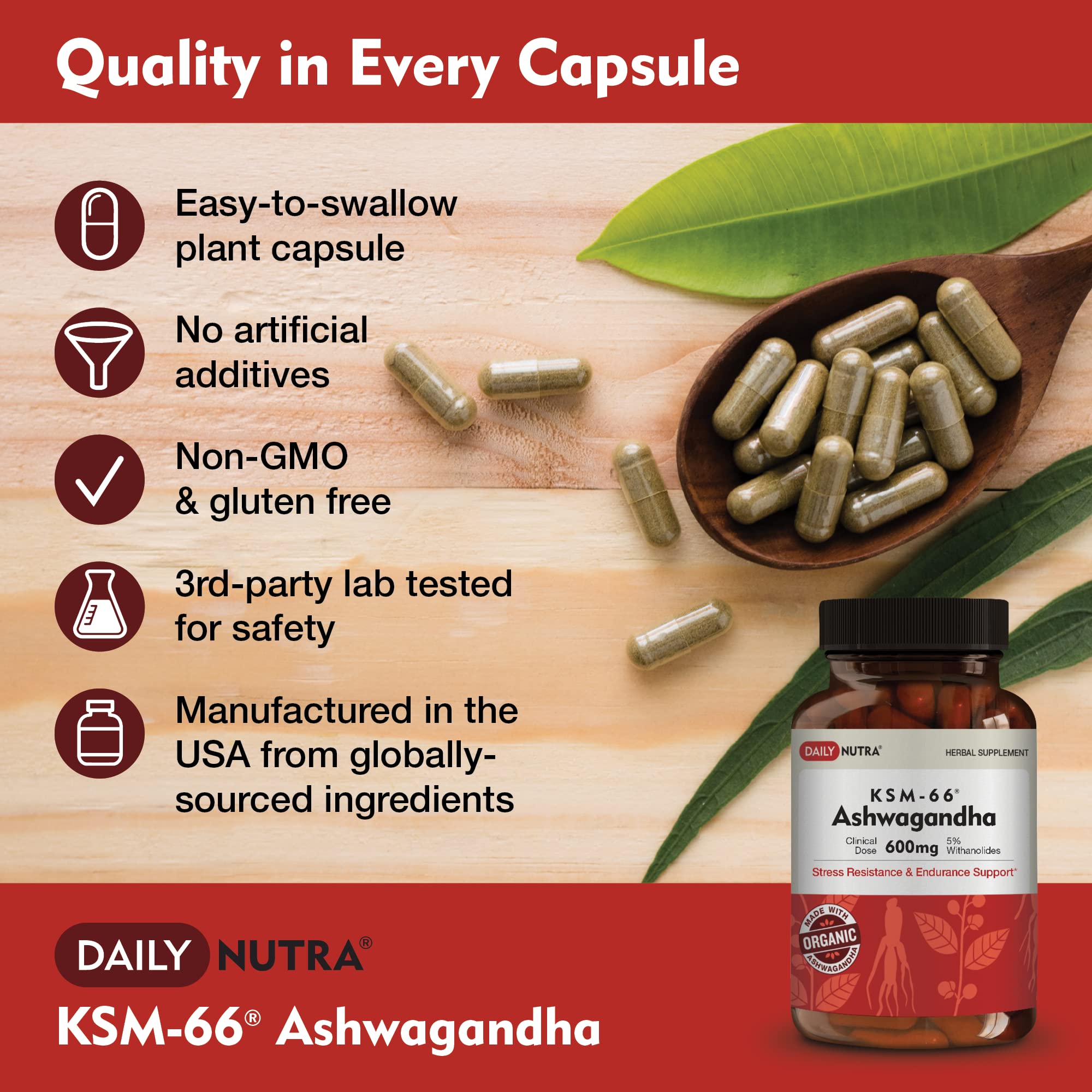 DailyNutra KSM-66 Ashwagandha, frasco en mano, potencia y pureza.